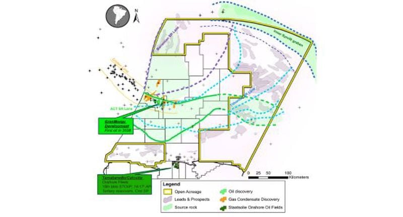 Mapa com as áreas a serem ofertadas a partir da licitação que a Staatoslie abrirá em novembro de 2025. As áreas circuladas em amarelo serão as ofertadas